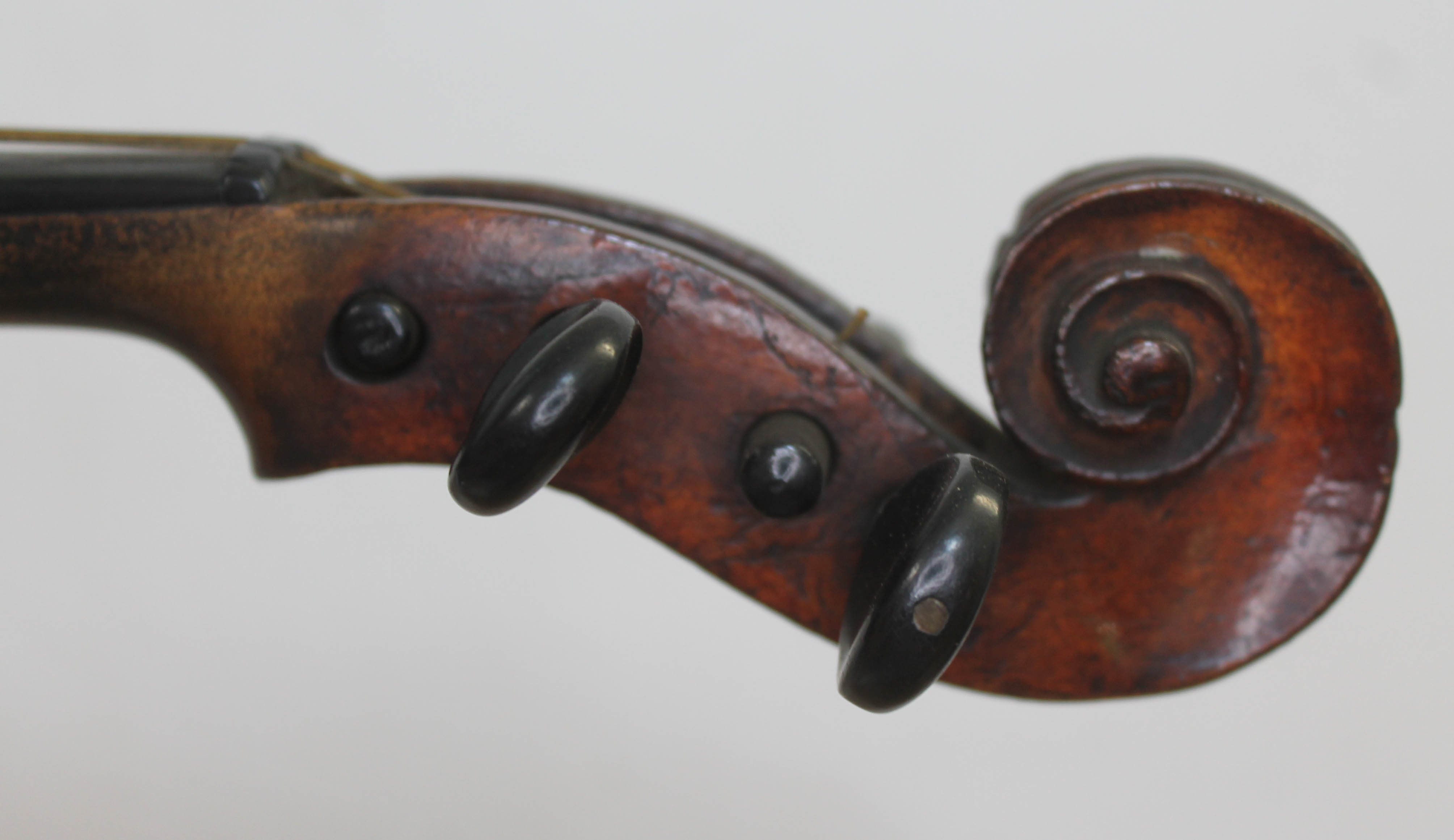 An antique violin, one piece back, length 356mm, with bow and hard case. - Image 3 of 4