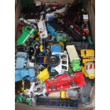 A box of various unboxed die cast and other model vehicles including vintage Tonka, Matchbox, Corgi,