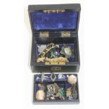 A blue leather bound jewellery box and contents including items marked '925', yellow metal etc.