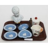A mixed lot including four Wedgwood Jaspeware dishes, two Goebel pots, a parian ware bust and