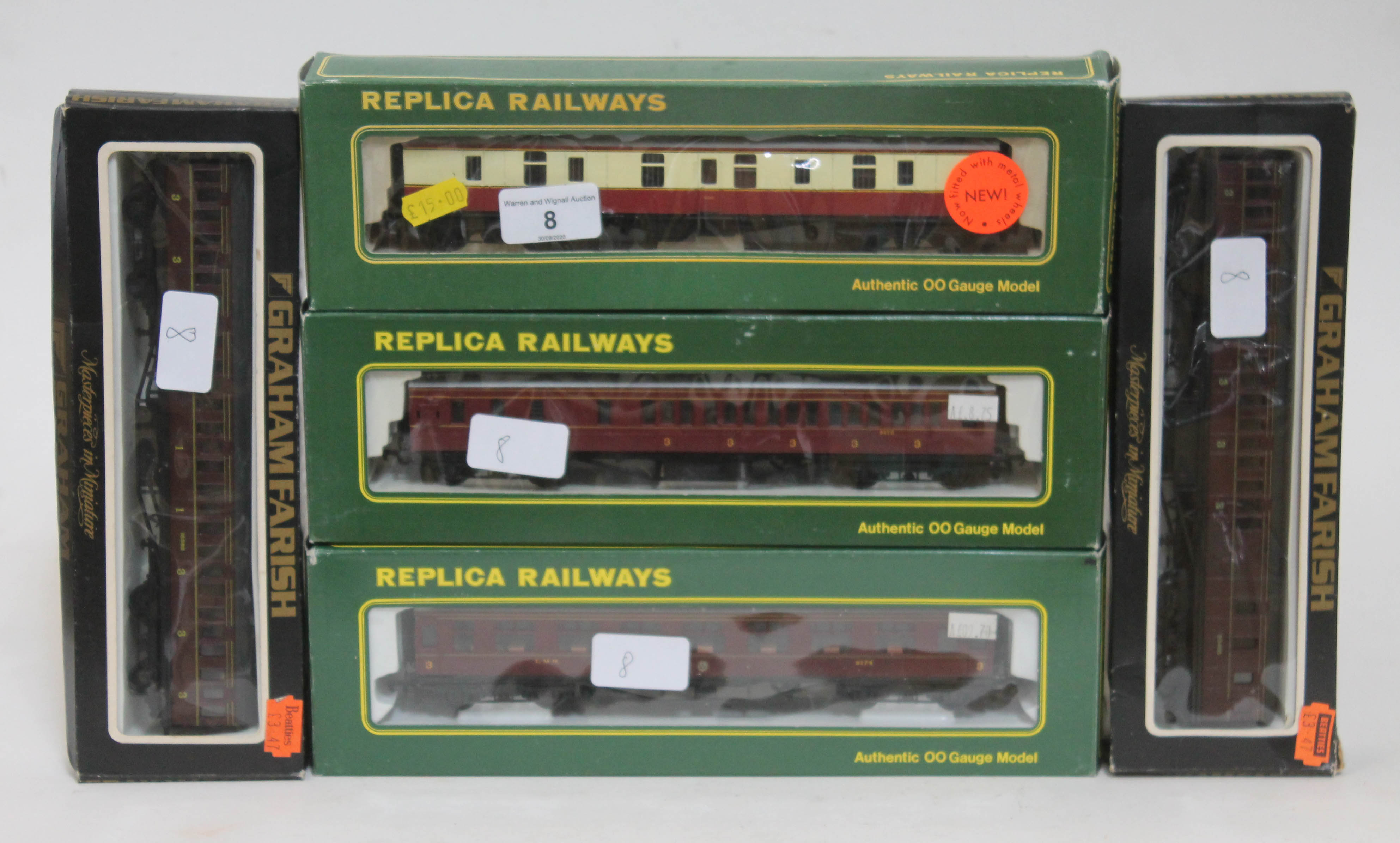 Three boxed Replica railways 00 gauge coaches 12211, 12221 & 12167 together with two boxed Graham