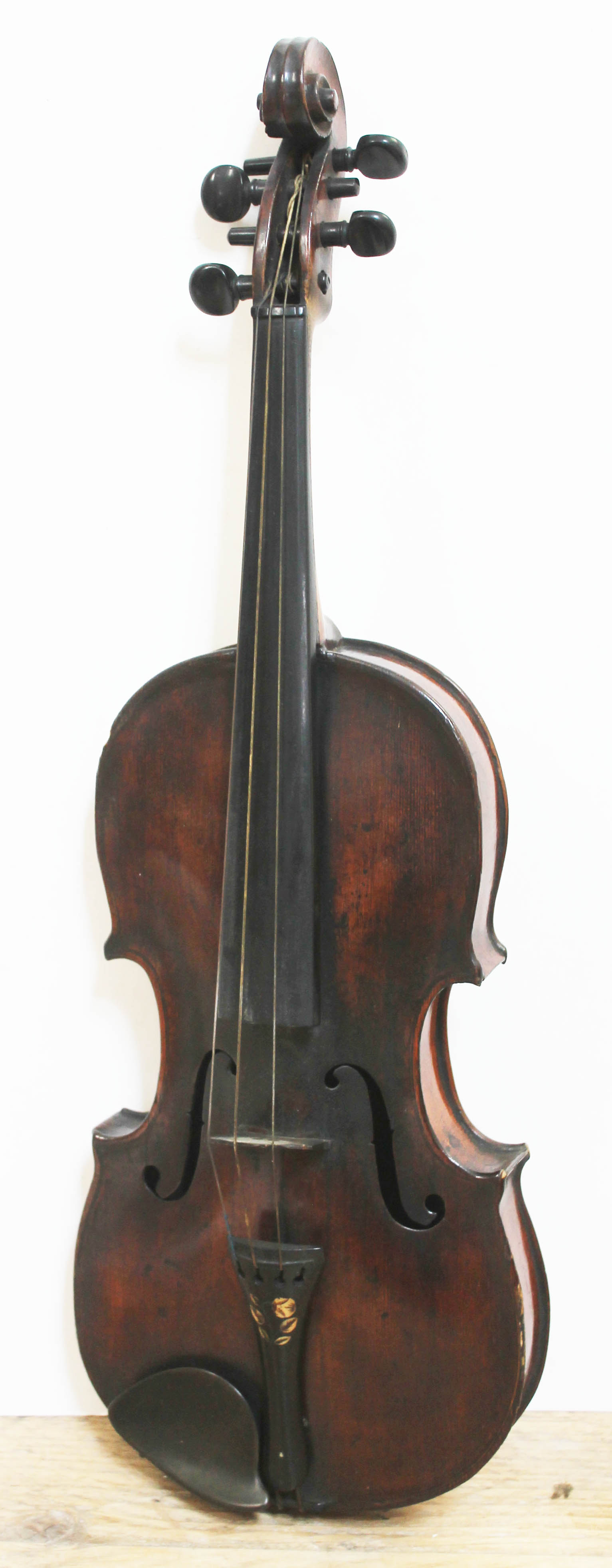 An antique violin, one piece back, length 356mm, with bow and hard case.