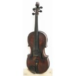 An antique violin, one piece back, length 356mm, with bow and hard case.