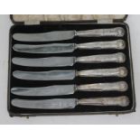 A cased set of six hallmarked silver handled knives.