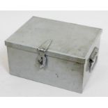 A metal strong twin handled strong box.