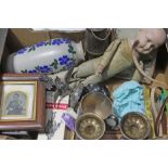 A box of mixed antiques and collectables including a bisque headed doll marked 'GB', a miners lamp -