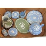 A box of Wedgwood Jasperware, various colours and pieces including a teapot.