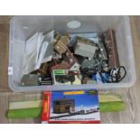 A crate of model railway 00 gauge outbuildings and accessories