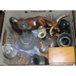 A box of mixed items including a decanter with hallmarked silver mount (as found), another with