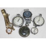 A quantity of watches including a ladies 9ct gold wristwatch with plated strap, pocket watches etc.