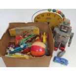 A box of vintage toys including a Tri-Ang Minic Toys clockwork mouse, a Japanese robot (no corrosion