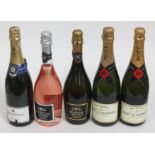 Five bottles of sparkling wine including Moet & Chandon champagne etc.