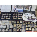 A large collection of mainly royal commemorative coins including silver, proof, gold plated etc.