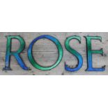 A set of enamel metal letters 'ROSE', length approx. 15cm each.