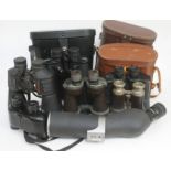 A box containing various pairs of binoculars including Carl Zeiss, Ross, Helios etc. and an Opticron