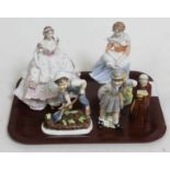 A group of five Royal Worcester figures comprising a monk candle snuffer, "Katie's Day", "Saturday's