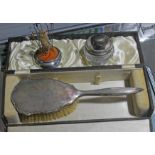 Hallmarked silver items comprising a silver backed brush in case, glass jar with silver rim,