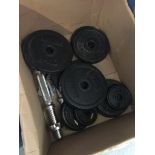 A box containing barbells and weights Catalogue only, live bidding available via our website. If you
