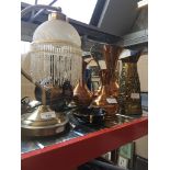 A collection of mixed brassware and copperware, a Japanese vase and 1920s style table lamp Catalogue