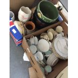 A box of mixed pottery including vases, planters, and a box containing teaware including TF & S