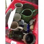 A box of assorted pottery, jugs, etc. Catalogue only, live bidding available via our website. If you