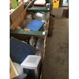 3 boxes of misc pottery, ceramics, glassware, barometers, stamp albums with stamps, etc. Catalogue
