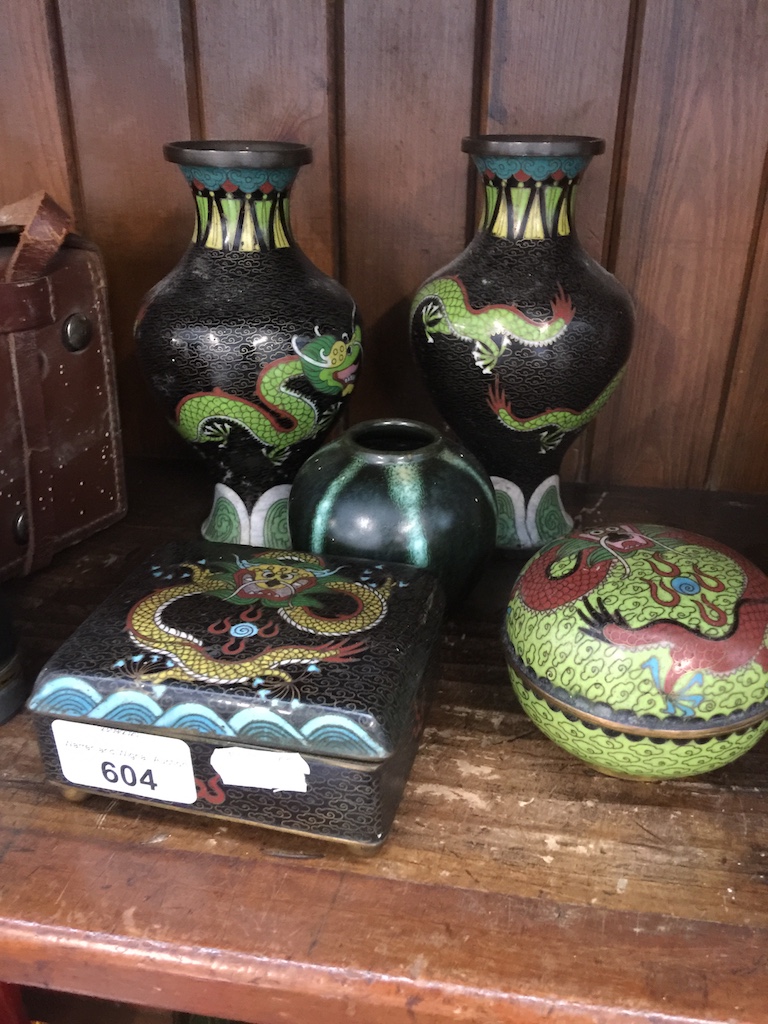 Four pieces of cloisonné and a small vase Catalogue only, live bidding available via our website. If