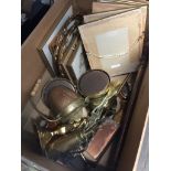 Box of brassware and small embroiderd pictures Catalogue only, live bidding available via our