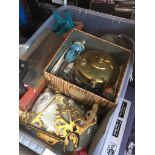 A box of misc including Optimus stove, saws, grease guns, brassware, etc. Catalogue only, live