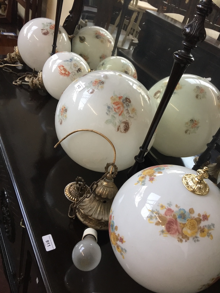 Glass spherical cieling light fittings with floral decoration Catalogue only, live bidding available