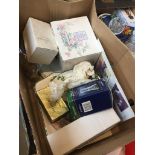 A box of assorted items to include cake slice & forks, opera glasses, glass vase, Royal Doulton