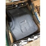 A box of fishing / hunting clothing items to include jacket, gilet, etc. Catalogue only, live