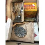 Box of bric a brac inc cigarette cards etc. Catalogue only, live bidding available via our