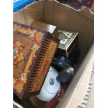 A box of assorted items including wooden boxes, Vizagapatam inlaid box, novelty lighter in shape