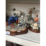 4 Border Fine Arts figures on wooden plinths including Cock Pheasant, Shetland Family Group (