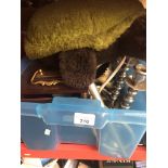 A crate with candle sticks, mantle clock, soft toy turtle, etc Catalogue only, live bidding