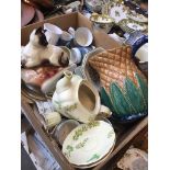 A box of mixed pottery including Majolica style pieeapple jug and Beswick cat Catalogue only, live