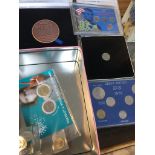 A box of coins sets including Western Union commemorative medal Catalogue only, live bidding