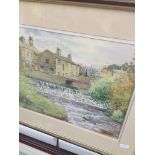Dez Wilson, river and terraced houses landscape watercolour, signed and dated (19)87 lower right,