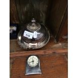 Plated muffin dish, small clock and glass stand Catalogue only, live bidding available via our