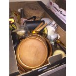 A box of mixed items including binoculars and wooden salad set Catalogue only, live bidding