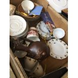 A box of pottery, plates, glass cake stand, glass bowl, etc. Catalogue only, live bidding