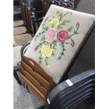 A foot stool with tapestry top and a small oak letter rack Catalogue only, live bidding available