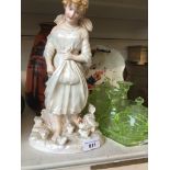 A green glass dressing table set, signed painted vase, and figure of girl with chickens Catalogue