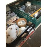 A box and a crate of mixed bric a brac, pottery and glass, etc Catalogue only, live bidding