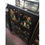 A black laquered and chinoiserie decorated tallboy Catalogue only, live bidding available via our