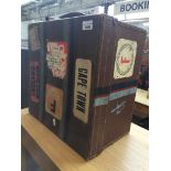 A vintage suitcase with vintage shipping stickers. Catalogue only, live bidding available via our