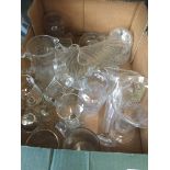 A box containing drinking glasses and other glassware , jugs vases etc Catalogue only, live