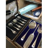 2 cased EPNS cutlery sets and a box of misc cutlery, Jasperware, pocket watch, etc. Catalogue