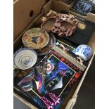 A box of oriental items including carved soapstone, plates etc Catalogue only, live bidding